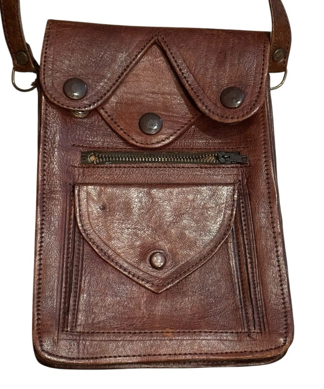 Vintage 1940s Hand Made Brown Leather Crossbody Bag Wallet Multi Pocket