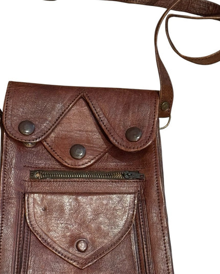 Vintage 1940s Hand Made Brown Leather Crossbody Bag Wallet Multi Pocket