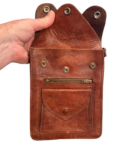 Vintage 1940s Hand Made Brown Leather Crossbody Bag Wallet Multi Pocket