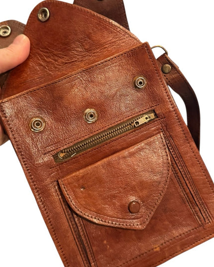 Vintage 1940s Hand Made Brown Leather Crossbody Bag Wallet Multi Pocket