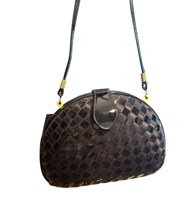 Elegant Vintage Black Woven Design Shell Shoulder Bag Clutch