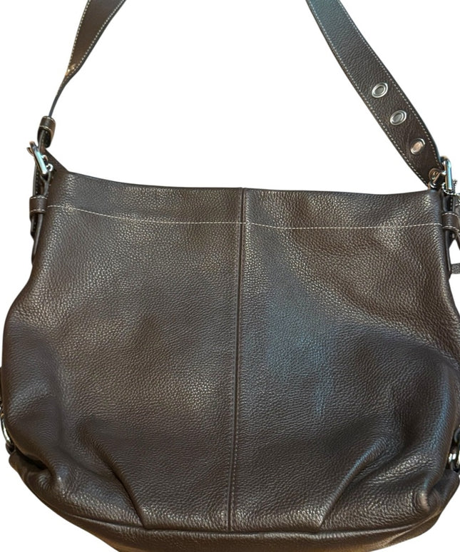 Elegant COACH  Brown Pebbled Leather Shoulder Bag Duffel Purse F15064
