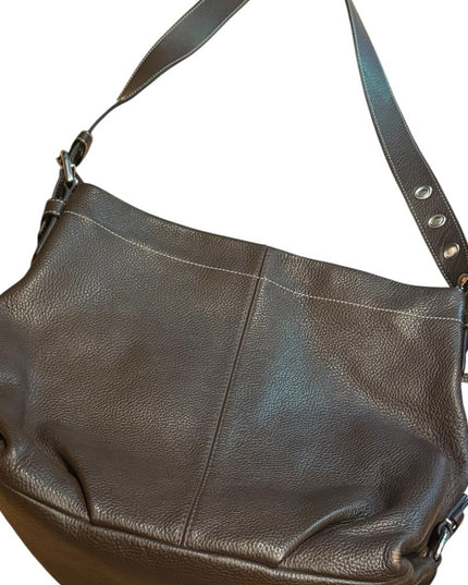 Elegant COACH  Brown Pebbled Leather Shoulder Bag Duffel Purse F15064