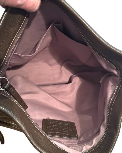 Elegant COACH  Brown Pebbled Leather Shoulder Bag Duffel Purse F15064