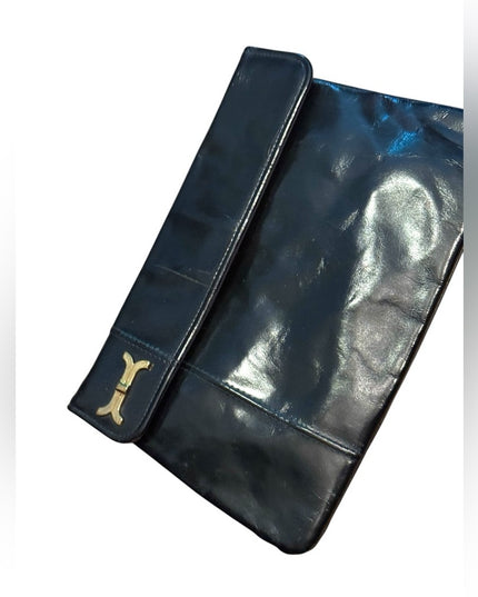 Vintage 1940s Shiny Black Leather Womens Clutch Shoulder Bag Gold hardware