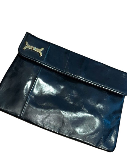 Vintage 1940s Shiny Black Leather Womens Clutch Shoulder Bag Gold hardware