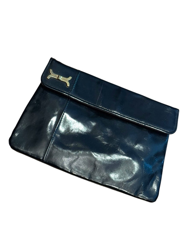 Vintage 1940s Shiny Black Leather Womens Clutch Shoulder Bag Gold hardware