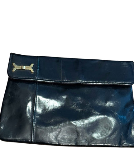 Vintage 1940s Shiny Black Leather Womens Clutch Shoulder Bag Gold hardware