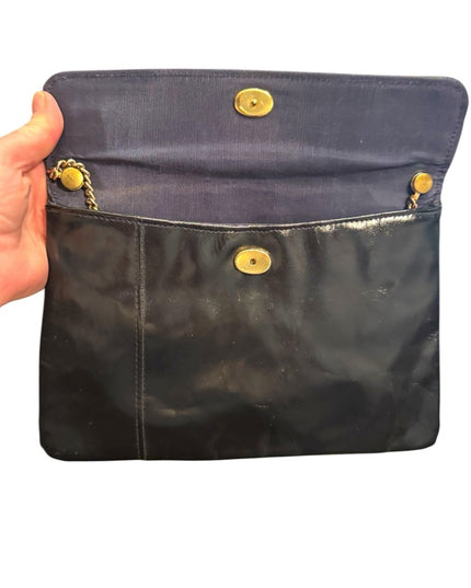 Vintage 1940s Shiny Black Leather Womens Clutch Shoulder Bag Gold hardware