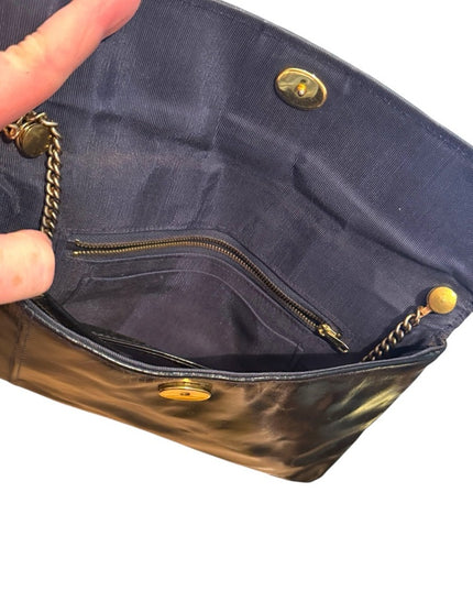 Vintage 1940s Shiny Black Leather Womens Clutch Shoulder Bag Gold hardware