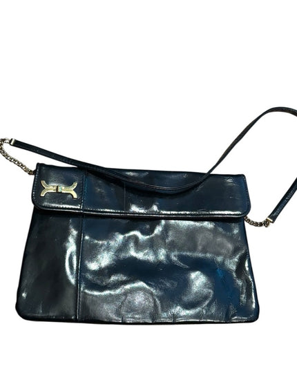Vintage 1940s Shiny Black Leather Womens Clutch Shoulder Bag Gold hardware