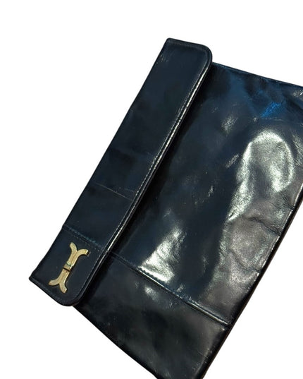 Vintage 1940s Shiny Black Leather Womens Clutch Shoulder Bag Gold hardware