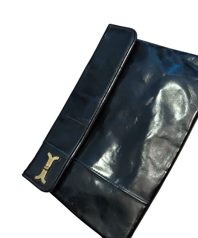 Vintage 1940s Shiny Black Leather Womens Clutch Shoulder Bag Gold hardware