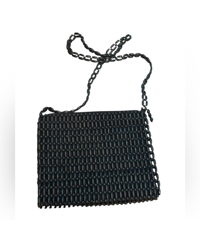 Elegant Vintage 1970s Wooden Bead Black Purse Bag