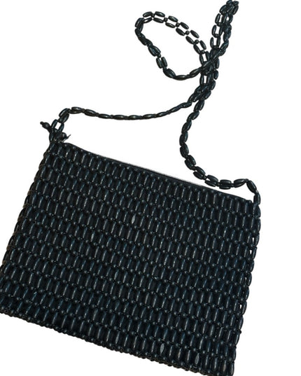 Elegant Vintage 1970s Wooden Bead Black Purse Bag
