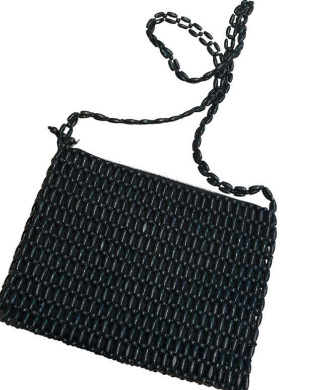 Elegant Vintage 1970s Wooden Bead Black Purse Bag