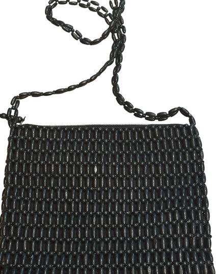 Elegant Vintage 1970s Wooden Bead Black Purse Bag