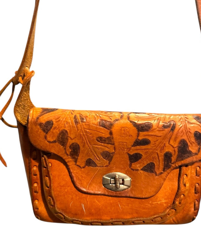 Vintage 1970s Handcrafted Leather tooled Shoulder Bag