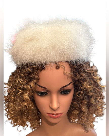 Vintage 1960s White Marabou Feather Pillbox Hat Flowers 🌹