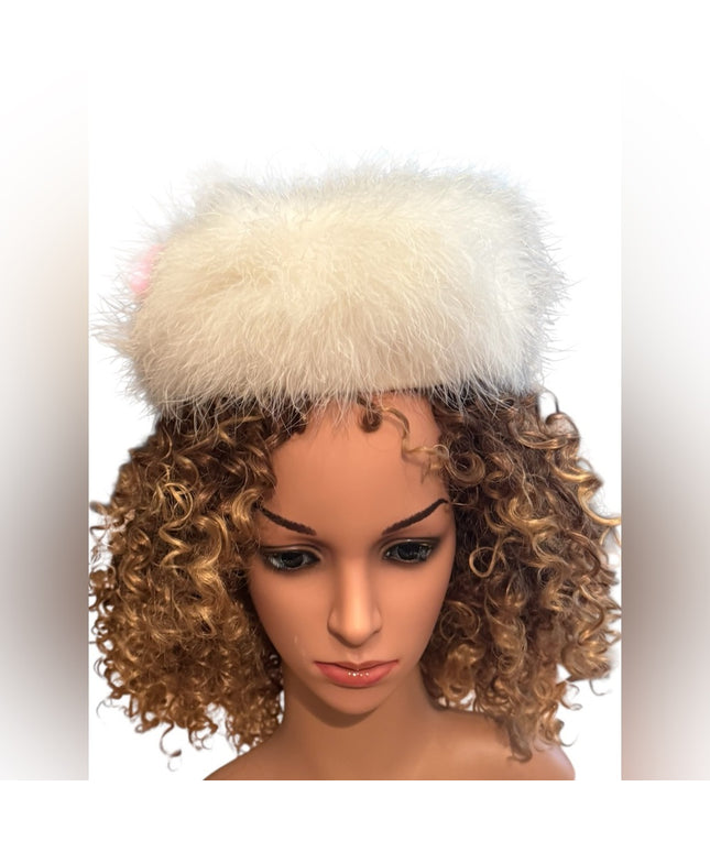 Vintage 1960s White Marabou Feather Pillbox Hat Flowers 🌹