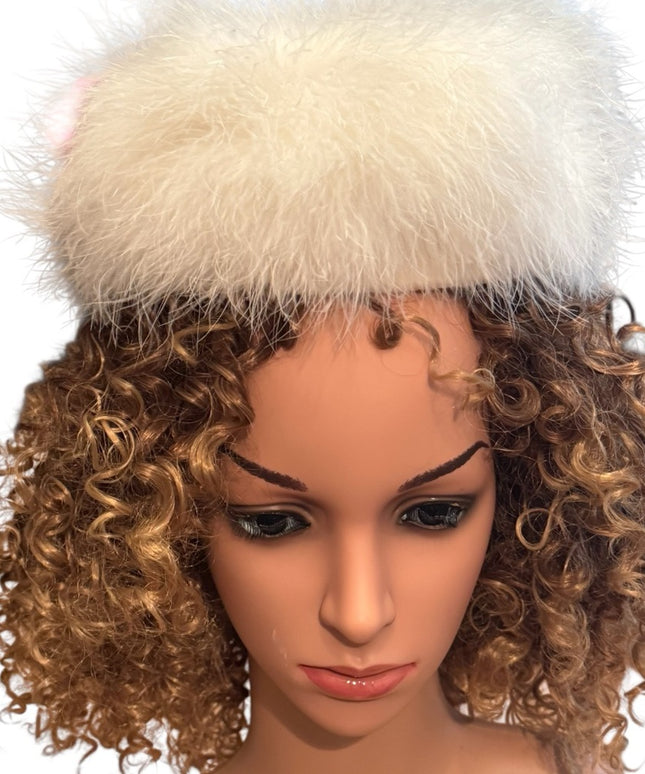 Vintage 1960s White Marabou Feather Pillbox Hat Flowers 🌹