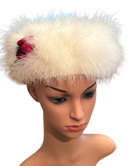 Vintage 1960s White Marabou Feather Pillbox Hat Flowers 🌹