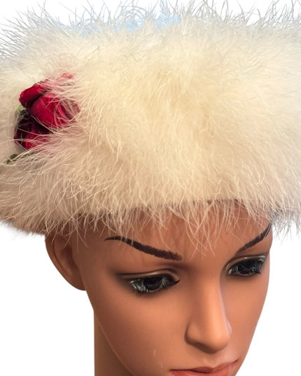 Vintage 1960s White Marabou Feather Pillbox Hat Flowers 🌹
