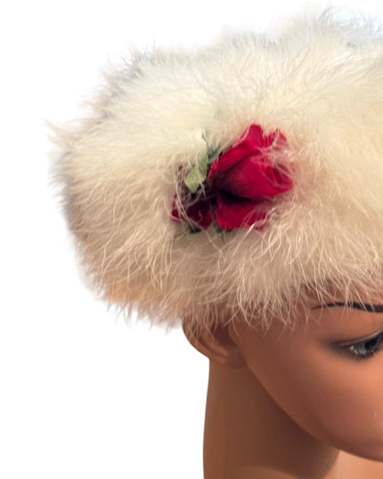 Vintage 1960s White Marabou Feather Pillbox Hat Flowers 🌹