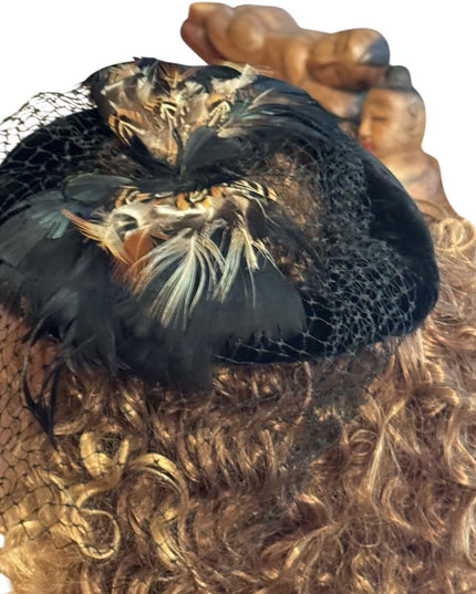 Fascinator Veil Vintage 1950’s Black Velvet Feathers Netting Pillbox Hat Church