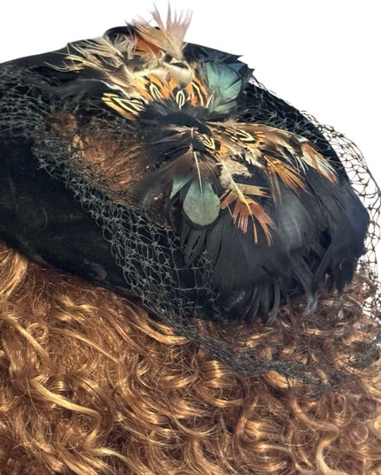 Fascinator Veil Vintage 1950’s Black Velvet Feathers Netting Pillbox Hat Church