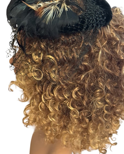 Fascinator Veil Vintage 1950’s Black Velvet Feathers Netting Pillbox Hat Church