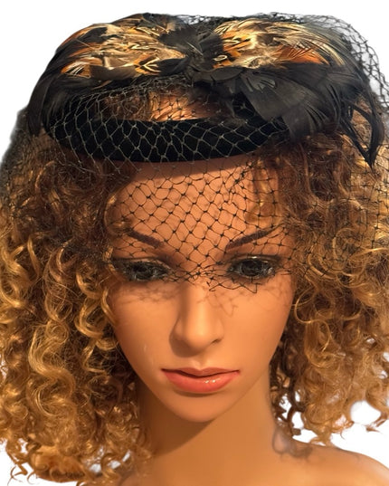 Fascinator Veil Vintage 1950’s Black Velvet Feathers Netting Pillbox Hat Church