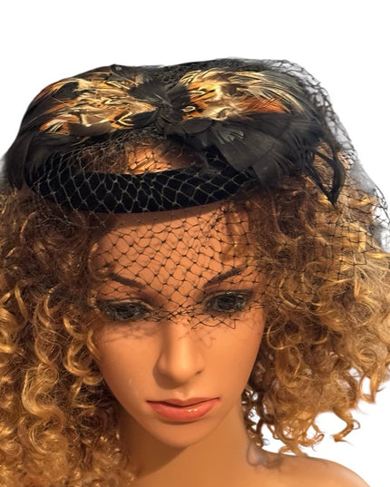 Fascinator Veil Vintage 1950’s Black Velvet Feathers Netting Pillbox Hat Church