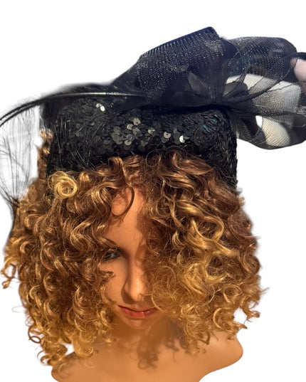 Elegant Vintage  Black Fascinator Hat Feathers Sequin