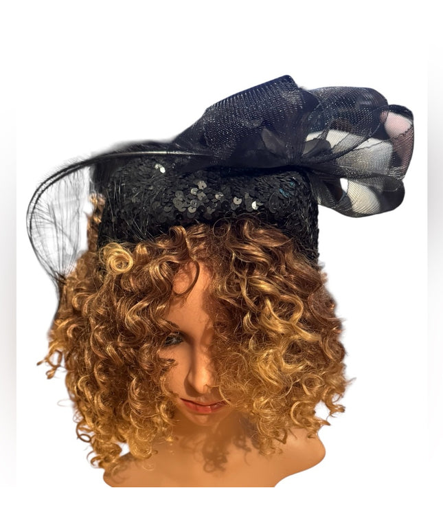 Elegant Vintage  Black Fascinator Hat Feathers Sequin