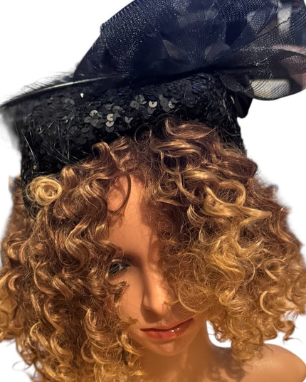Elegant Vintage  Black Fascinator Hat Feathers Sequin