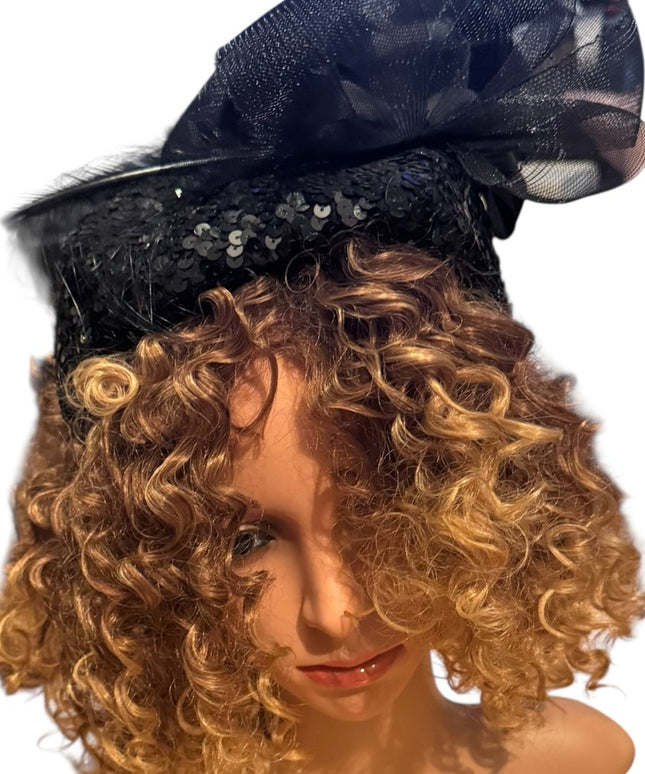 Elegant Vintage  Black Fascinator Hat Feathers Sequin