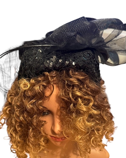 Elegant Vintage  Black Fascinator Hat Feathers Sequin