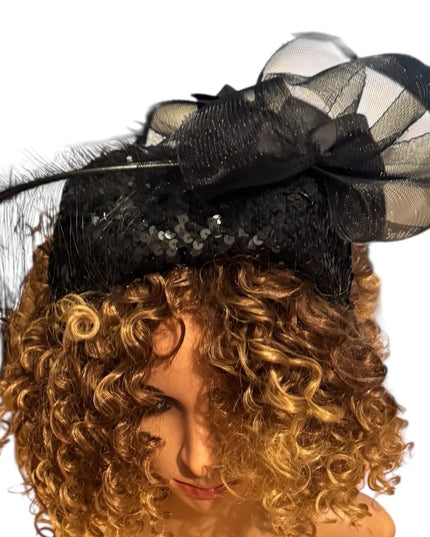 Elegant Vintage  Black Fascinator Hat Feathers Sequin