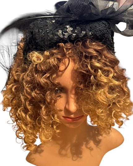 Elegant Vintage  Black Fascinator Hat Feathers Sequin