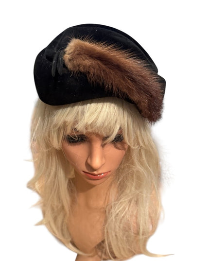 Vintage Black Hat Facinator with Brown Mink Fur Accent