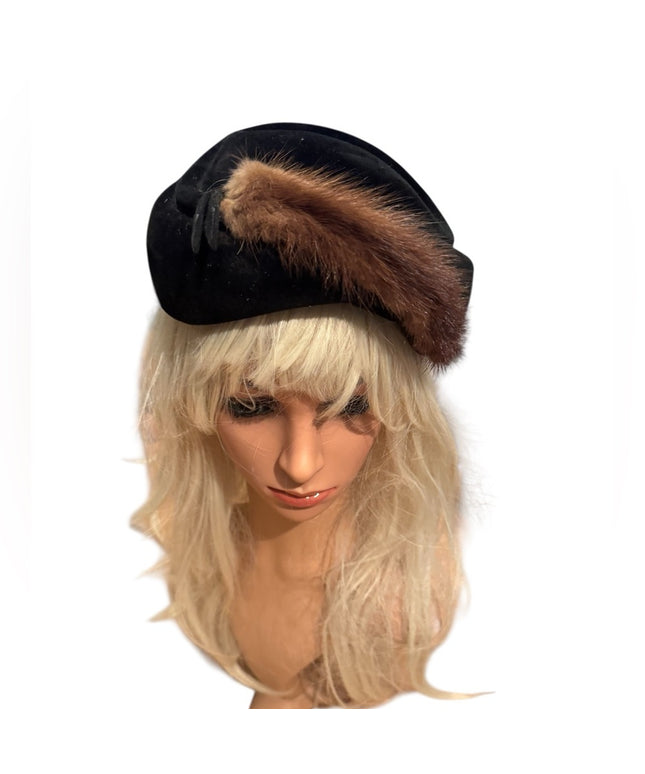 Vintage Black Hat Facinator with Brown Mink Fur Accent