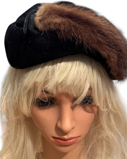 Vintage Black Hat Facinator with Brown Mink Fur Accent