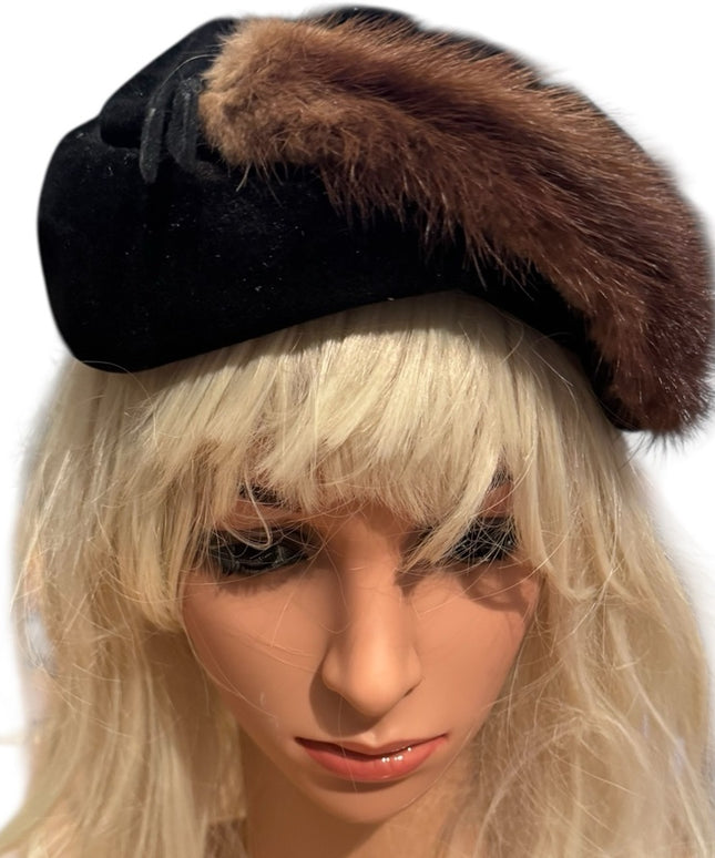 Vintage Black Hat Facinator with Brown Mink Fur Accent