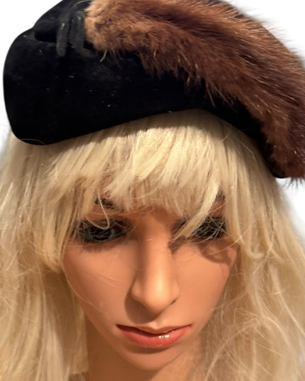 Vintage Black Hat Facinator with Brown Mink Fur Accent