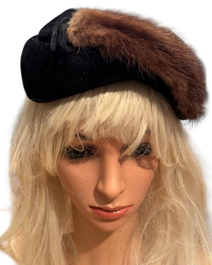 Vintage Black Hat Facinator with Brown Mink Fur Accent