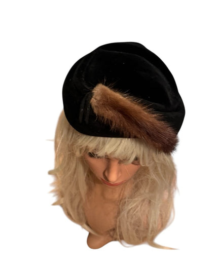 Vintage Black Hat Facinator with Brown Mink Fur Accent