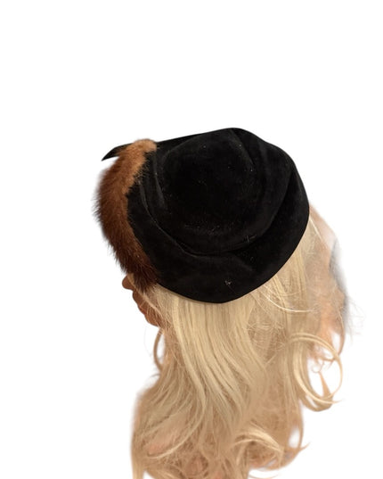Vintage Black Hat Facinator with Brown Mink Fur Accent