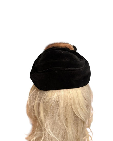 Vintage Black Hat Facinator with Brown Mink Fur Accent