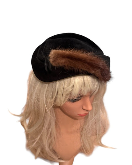 Vintage Black Hat Facinator with Brown Mink Fur Accent